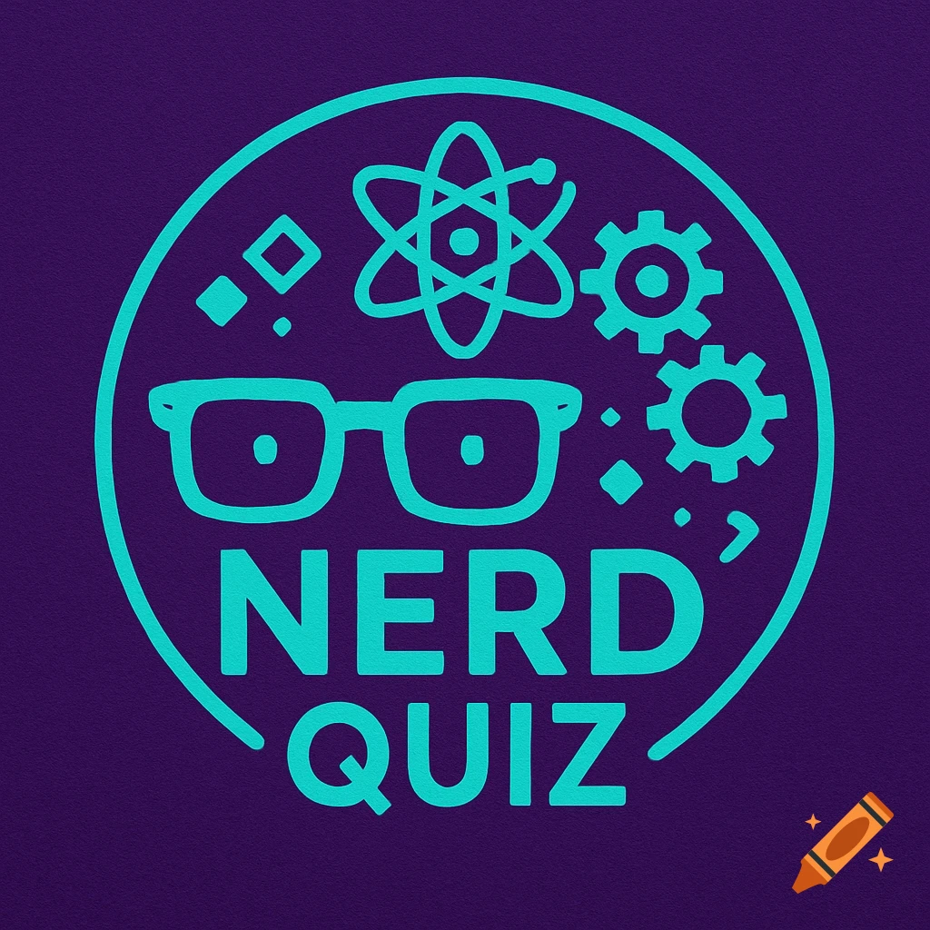 A turquoise and purple logo for Nerd Quiz featuring glasses, an atom symbol, and gears.
