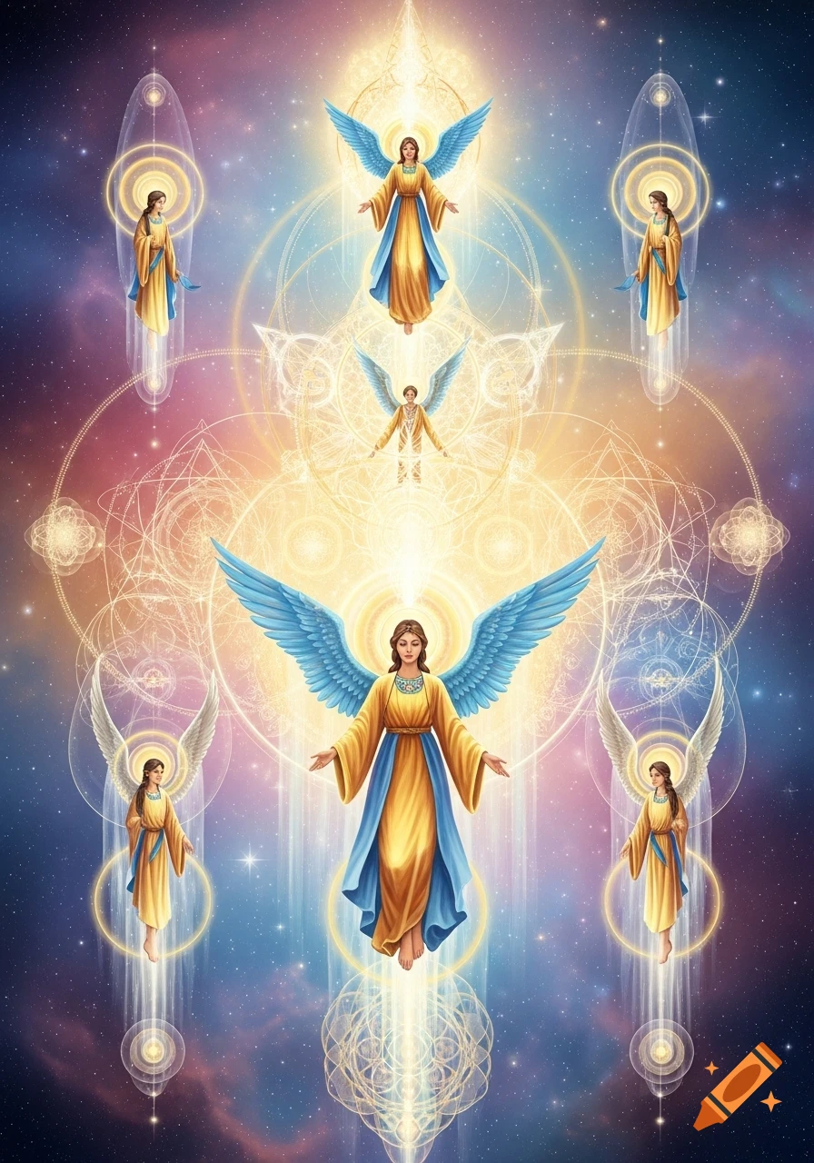 Multiple angels with golden robes and blue or white wings float in a vibrant cosmic background with glowing geometric patterns.