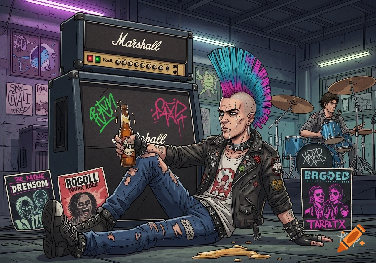 A cartoon punk rocker with a blue and pink mohawk sits on the floor with a beer bottle next to a Marshall amplifier and drum set, surrounded by album covers.
