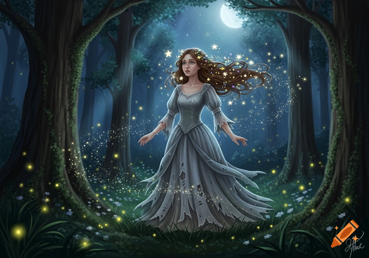 A magical illustration of a young woman in a tattered grey gown, standing in an enchanted moonlit forest with stars in her hair and glowing sparkles around her.