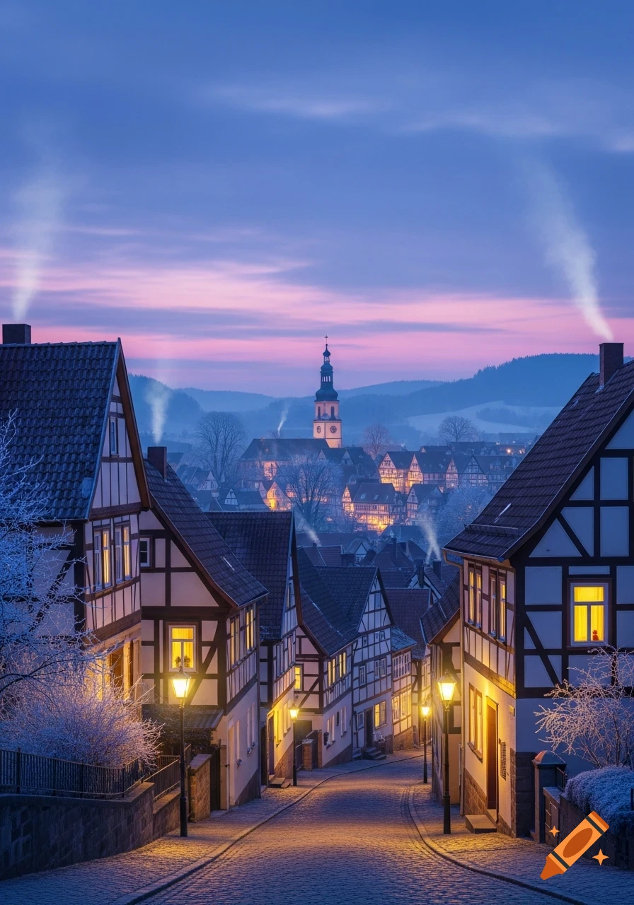 A quaint European town street lined with illuminated half-timbered houses and streetlights, leading towards a church in the distance during a frosty twilight.