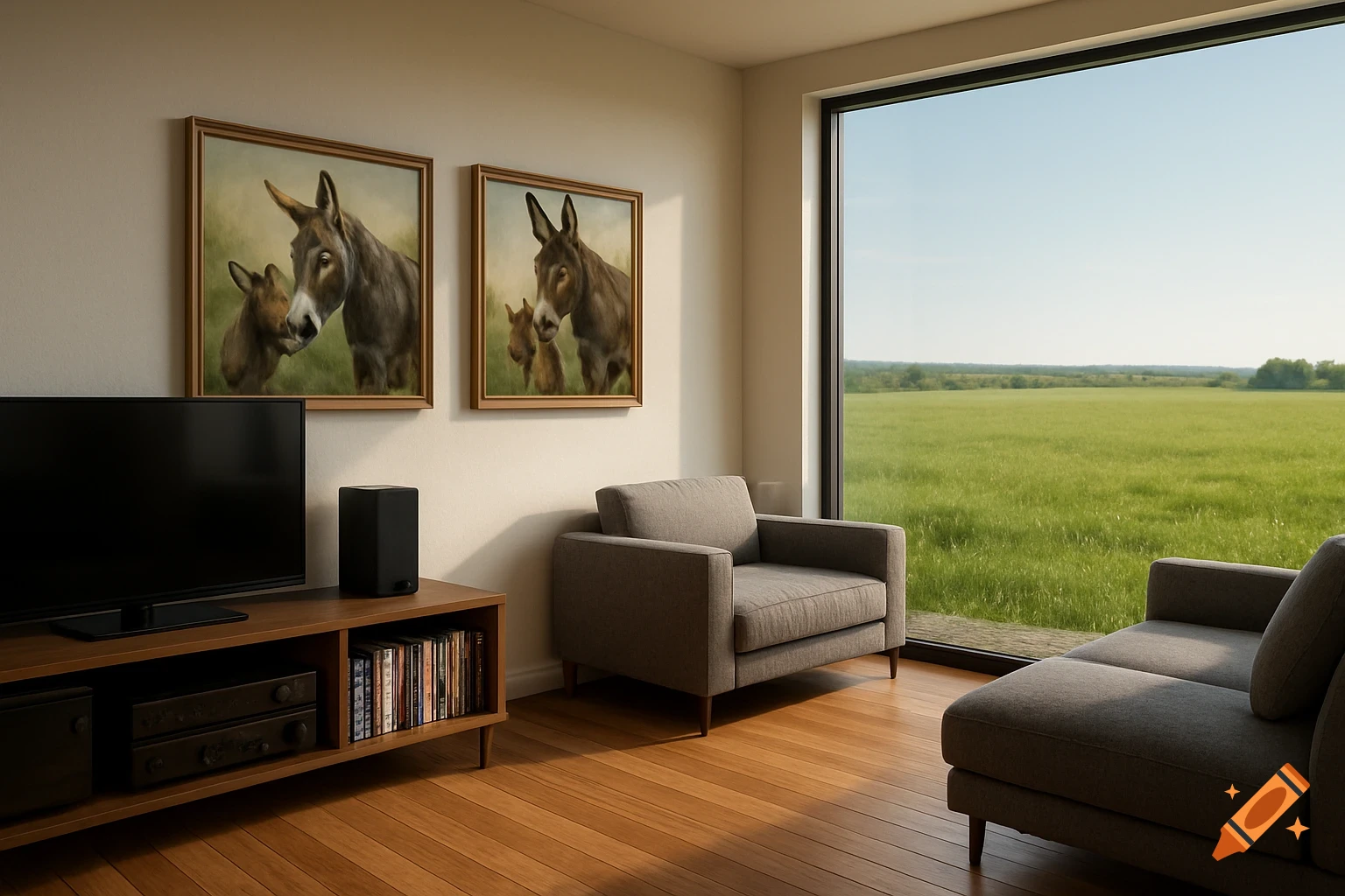 A modern living room with wood flooring, grey furniture, a large TV, and two donkey paintings. A huge window overlooks a green field.