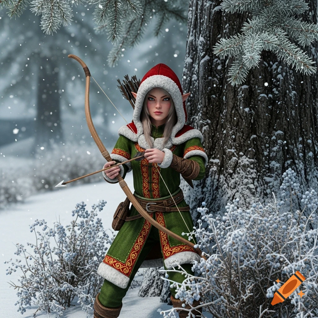 A wood elf archer in a red and green Christmas outfit holds a bow, standing next to a snow-covered tree in a winter forest.