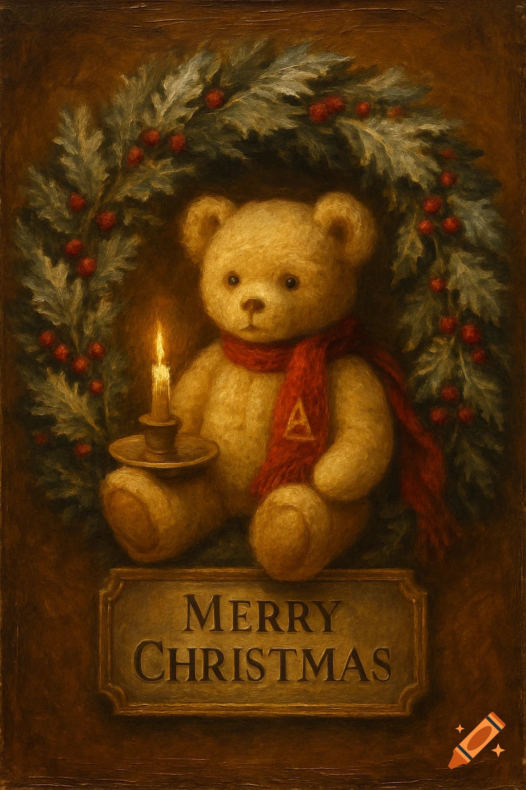 Oil painting of a teddy bear in a Christmas wreath holding a candle. The bear wears a red scarf with an 'A'. A plaque reads 'Merry Christmas'.