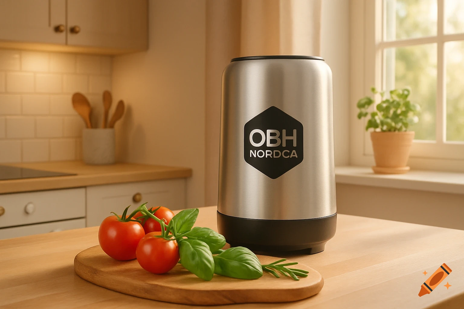 A silver OBH Nordica kitchen appliance with fresh tomatoes and basil on a wooden counter in a sunlit kitchen.