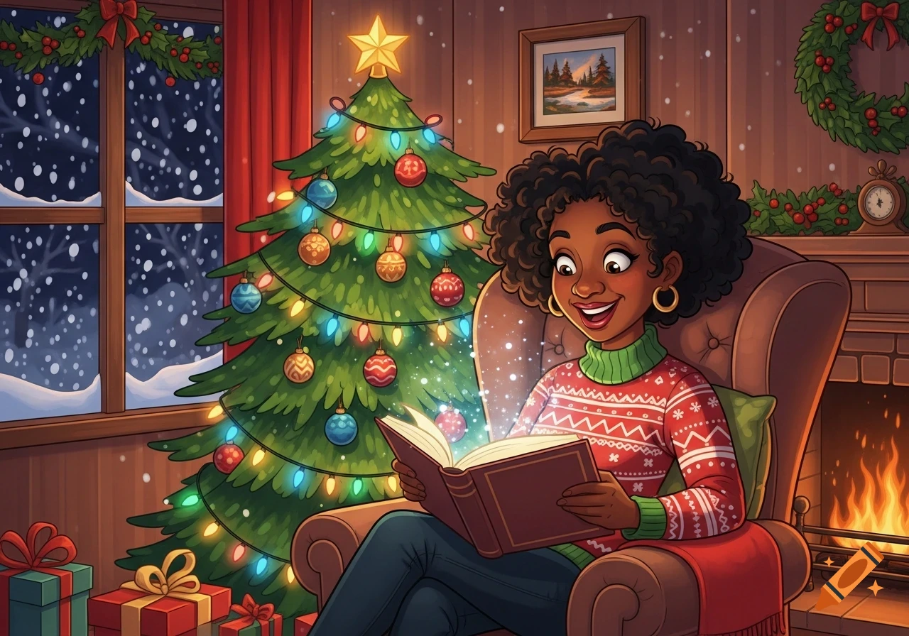 Cartoon Black woman reading a glowing book by a Christmas tree and fireplace, with snow falling outside.