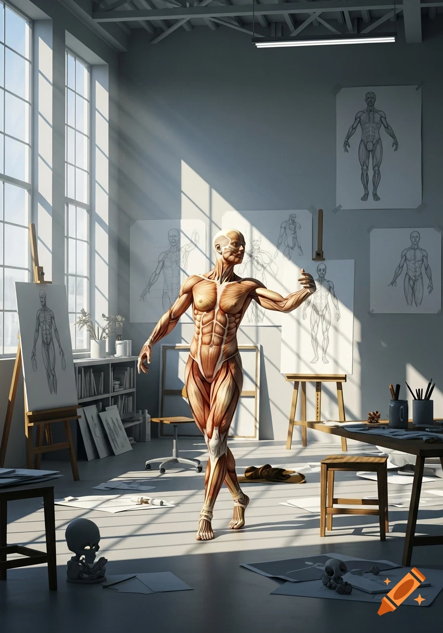 A detailed anatomical model of human musculature stands in a sunlit art studio with anatomical sketches on easels and walls.