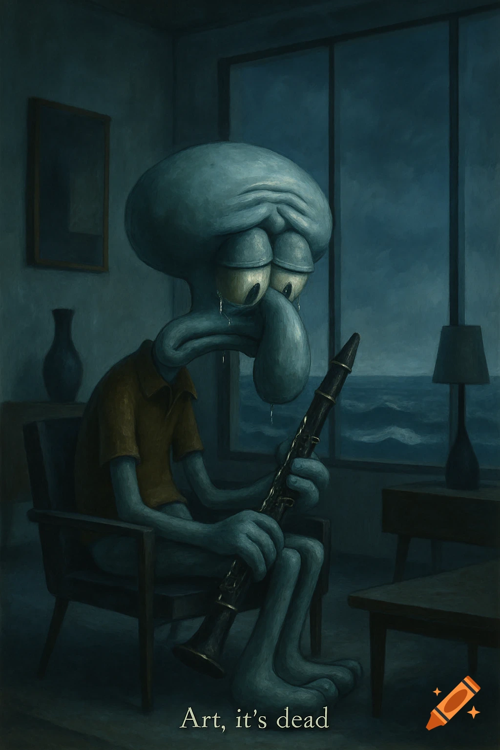 A dark, moody painting of a crying Squidward holding a clarinet in a room overlooking a stormy sea, with the text "Art, it's dead".