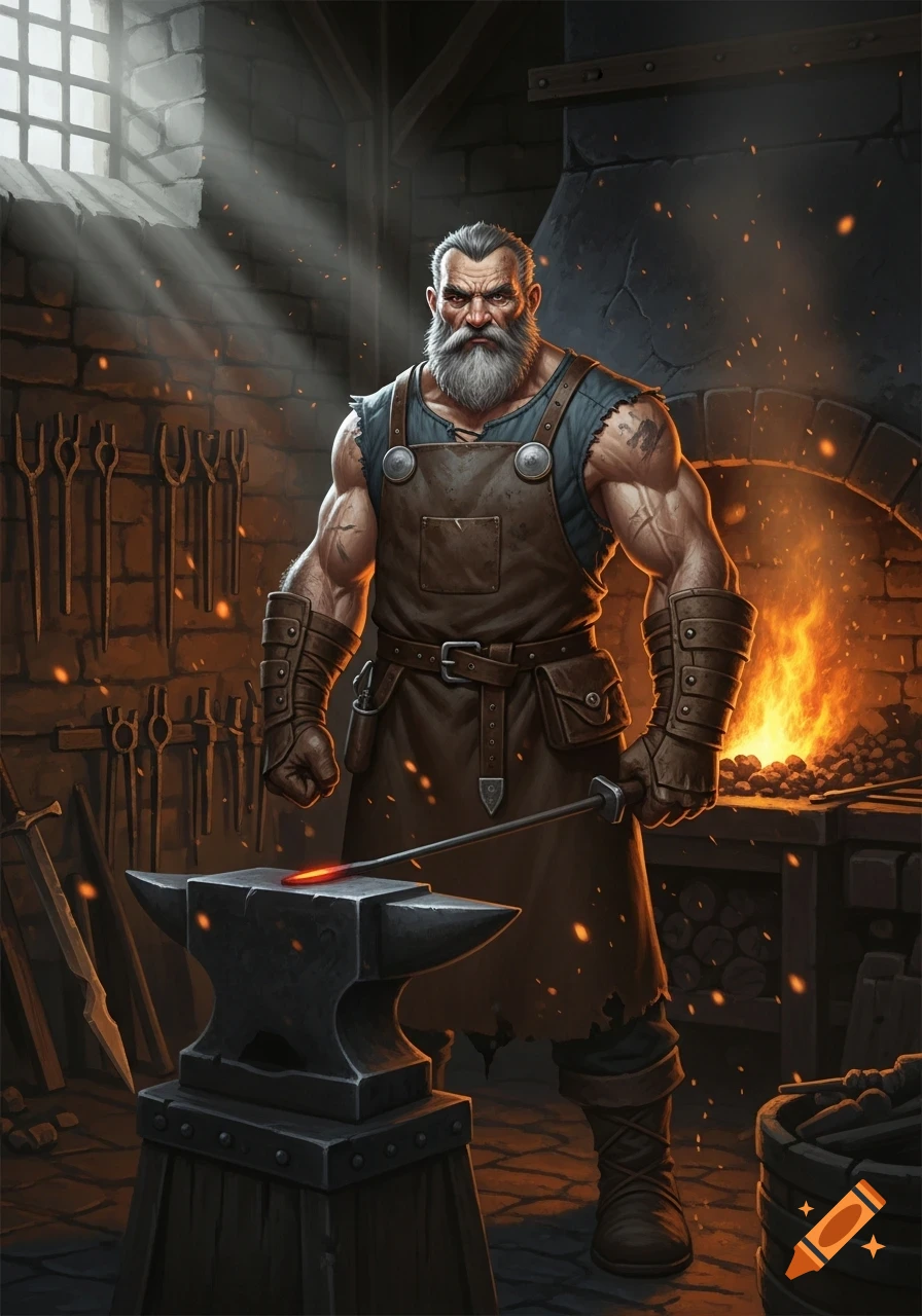 A muscular, grizzled blacksmith with a long white beard stands in a dimly lit forge, holding a hot metal rod over an anvil in a fantasy art style.