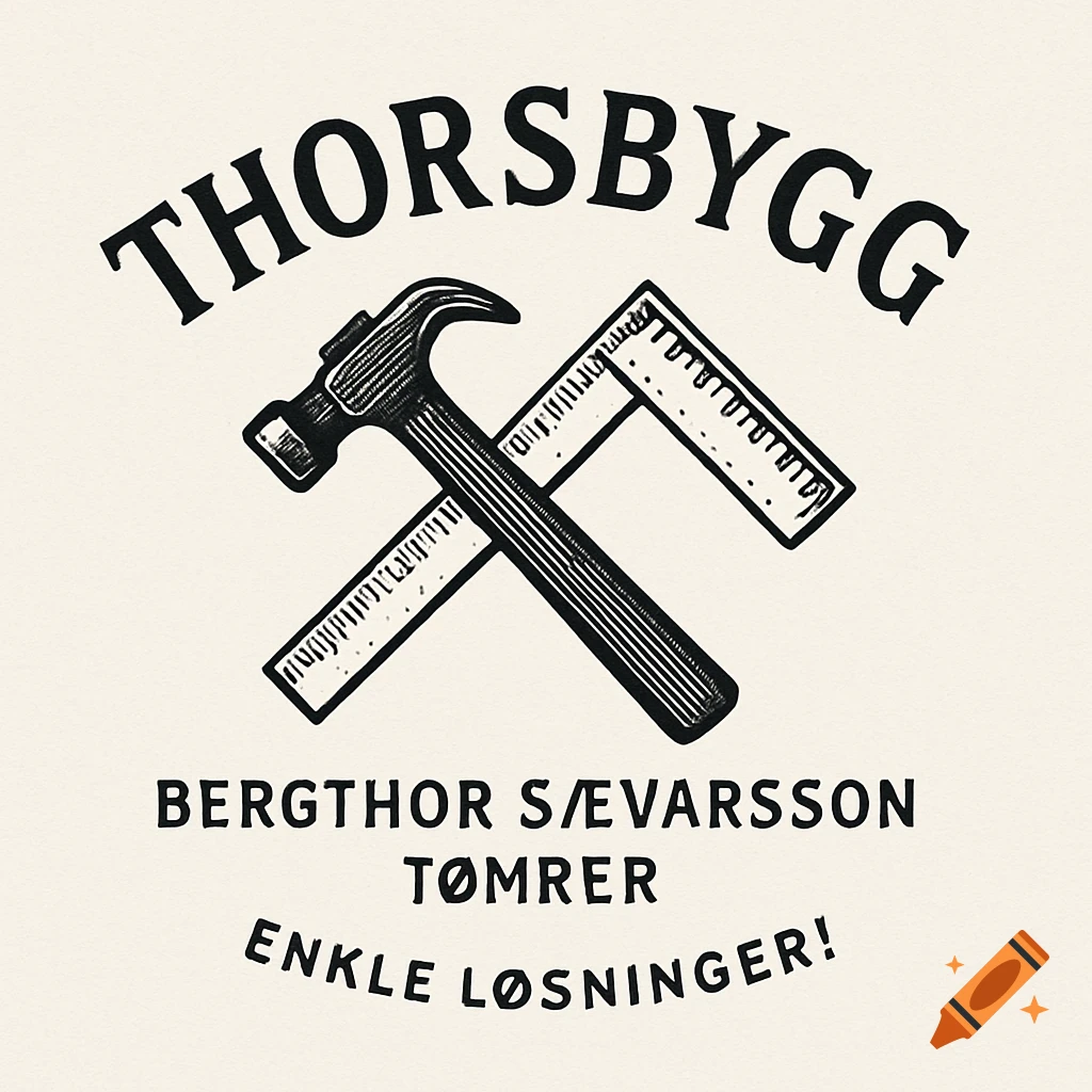 A vintage minimalist logo for ThorsBygg, featuring a crossed hammer and carpenter's square, with company and tagline text.