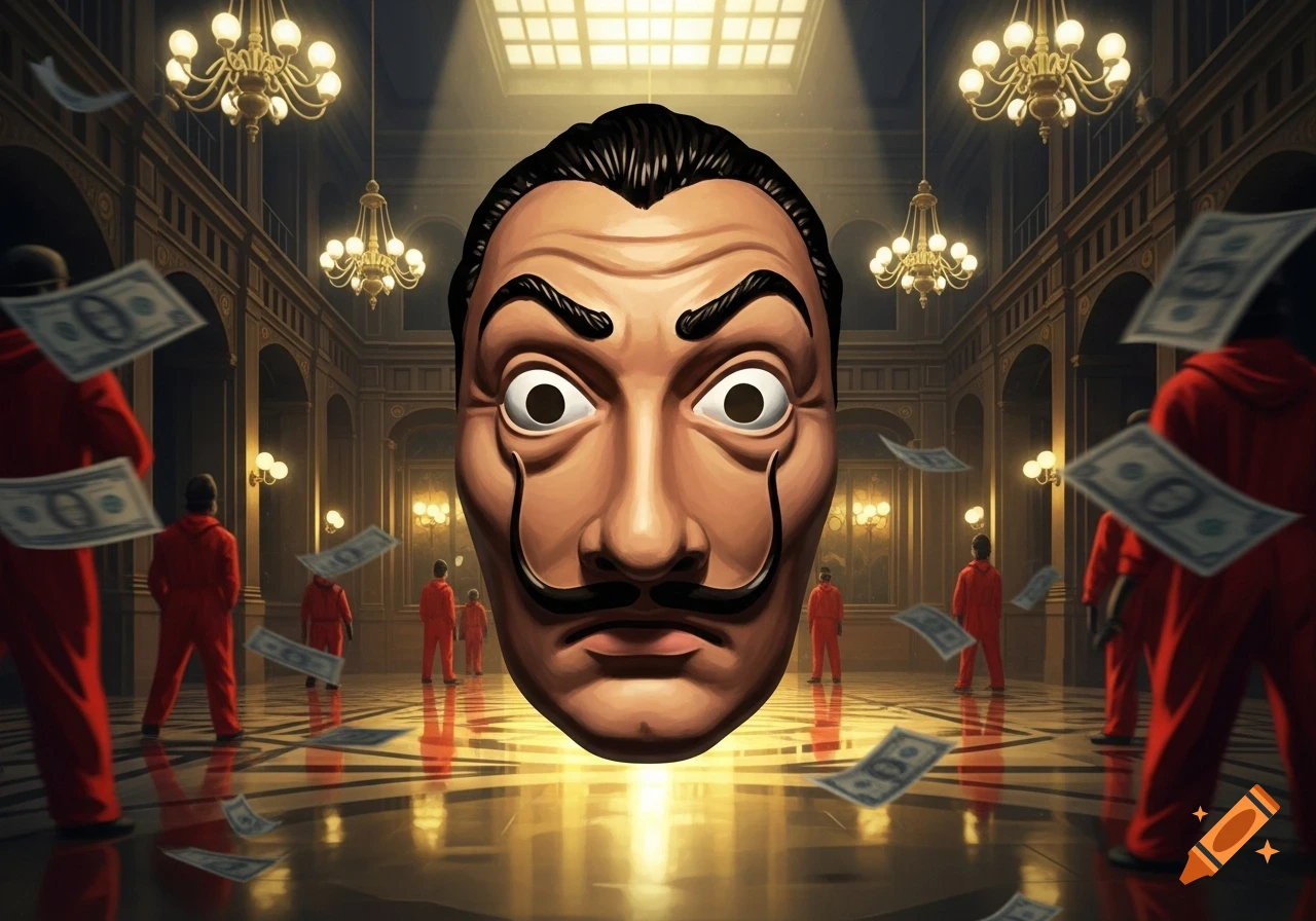 A large Salvador Dalí mask floats above a grand hall with figures in red jumpsuits and money falling, reminiscent of Money Heist.