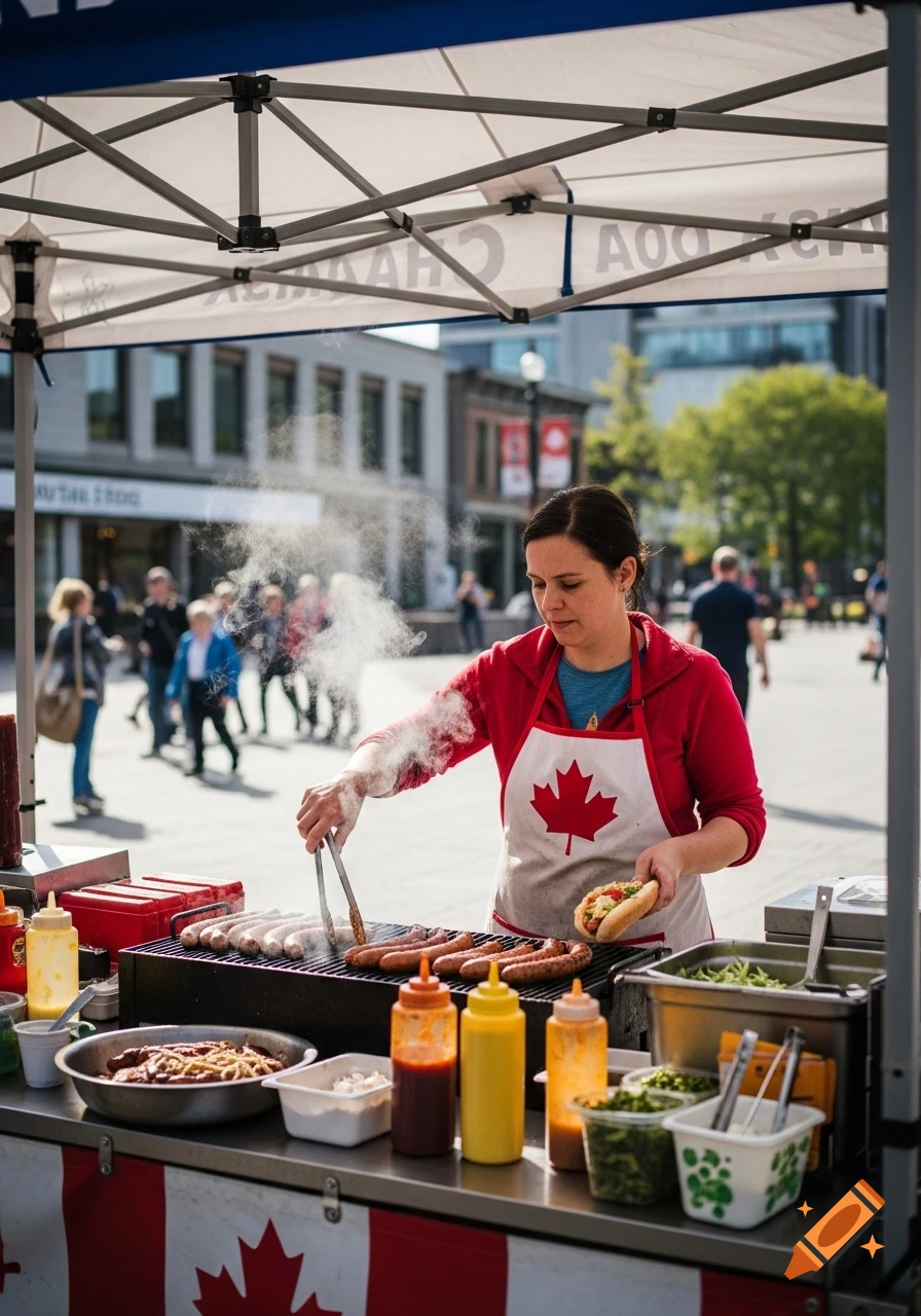 A woman wearing an apron with a Canadian maple leaf logo cooks hot dogs and sausages on a grill at an outdoor food stall.
