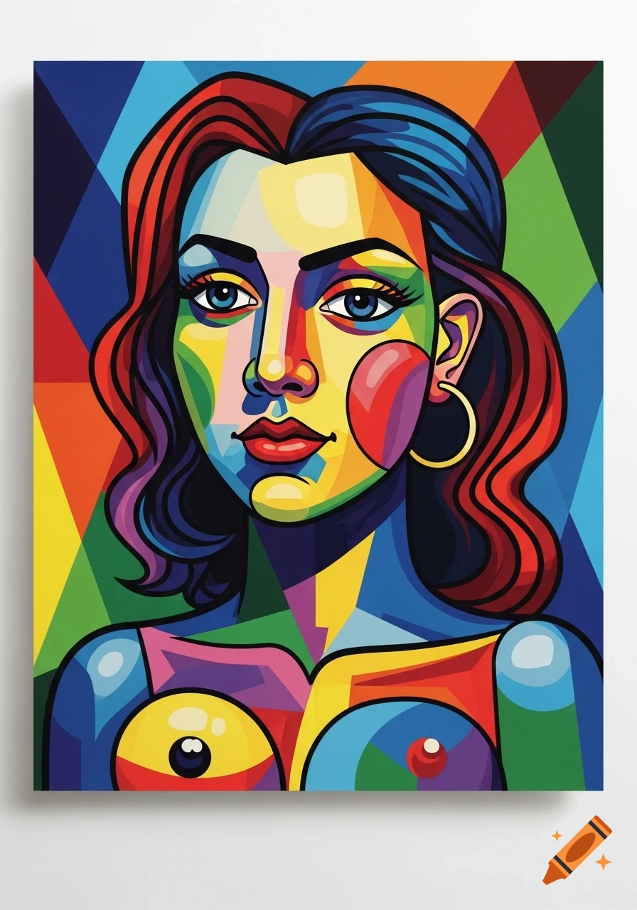 Colorful abstract portrait of a woman in a cubist art style, featuring bold lines and geometric shapes.