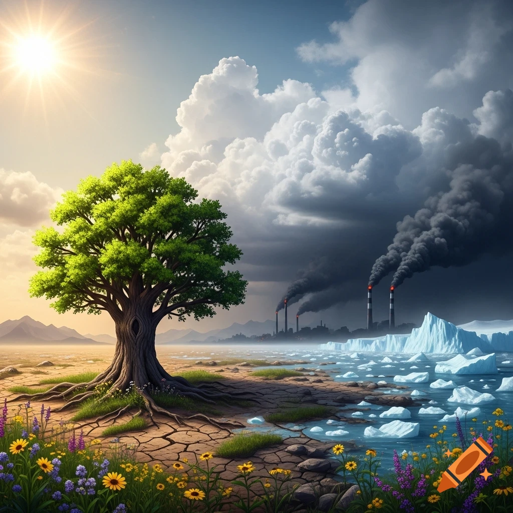 Conceptual art depicting climate change, with a vibrant, sunny natural landscape contrasting a polluted industrial scene with melting ice.