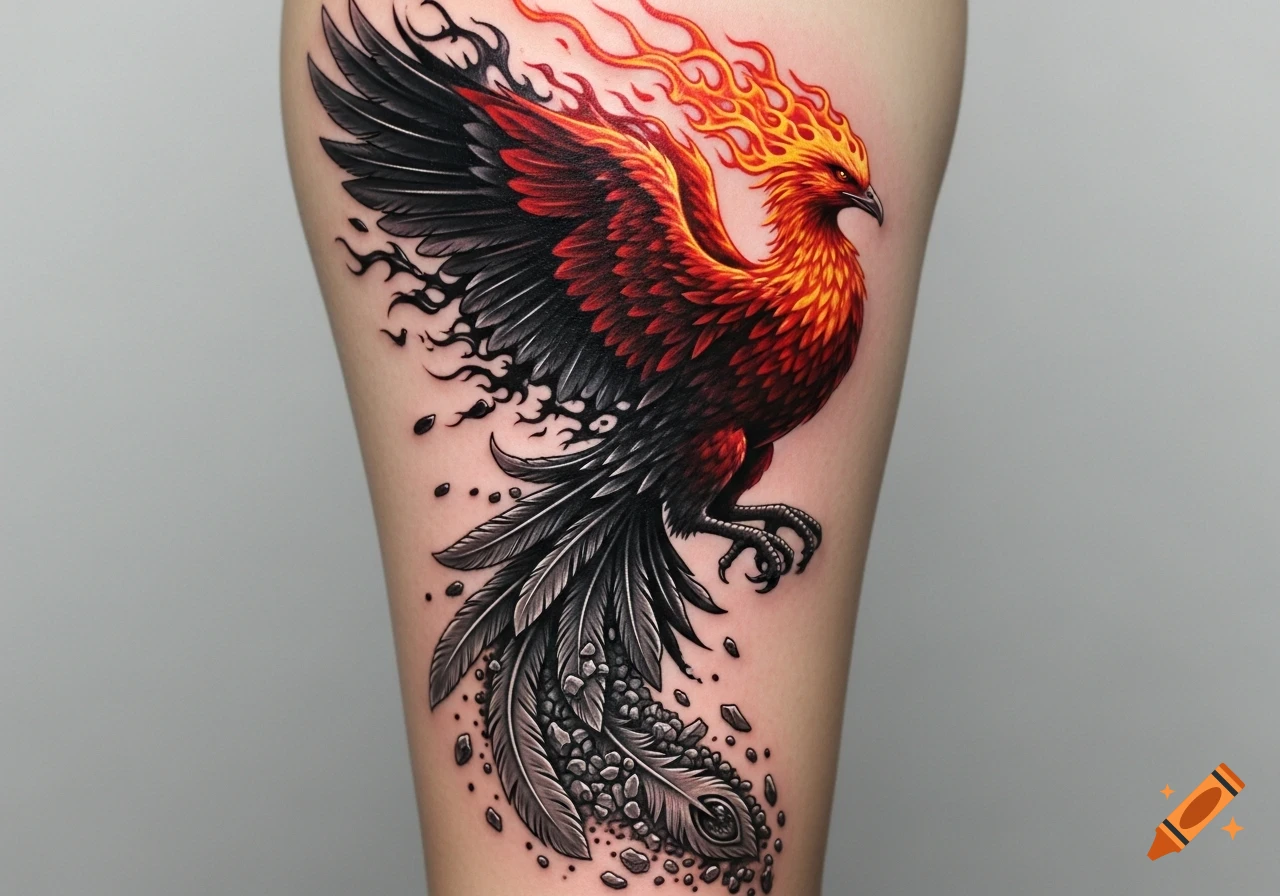 Realistic tattoo of a vibrant red and orange phoenix rising from black ashes on a leg, with wings spread and fiery head.