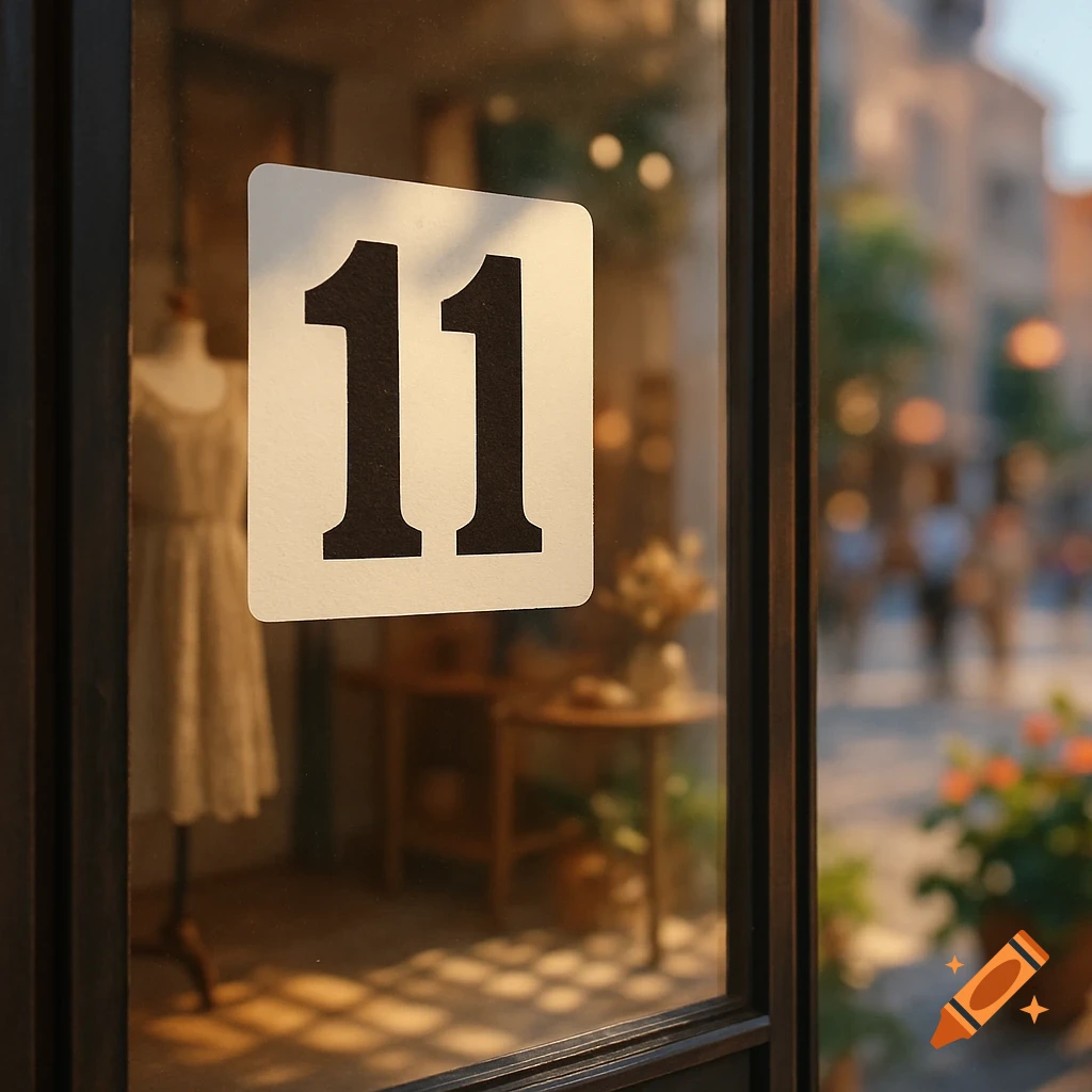A white sticker with the number 11 in black is affixed to a shop window, blurring the mannequin inside and a street outside.