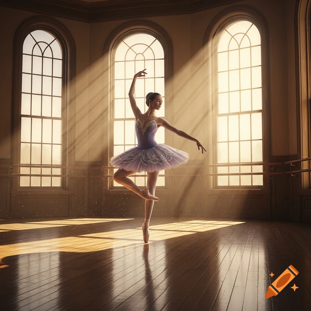A ballerina in a purple tutu poses en pointe in a sunlit dance studio with arched windows and ballet barres.