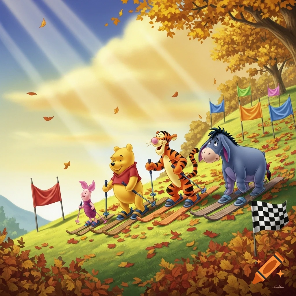 Winnie the Pooh, Tigger, Piglet, and Eeyore skiing down a grassy autumn hill covered in fallen leaves, with slalom gates and a finish flag.