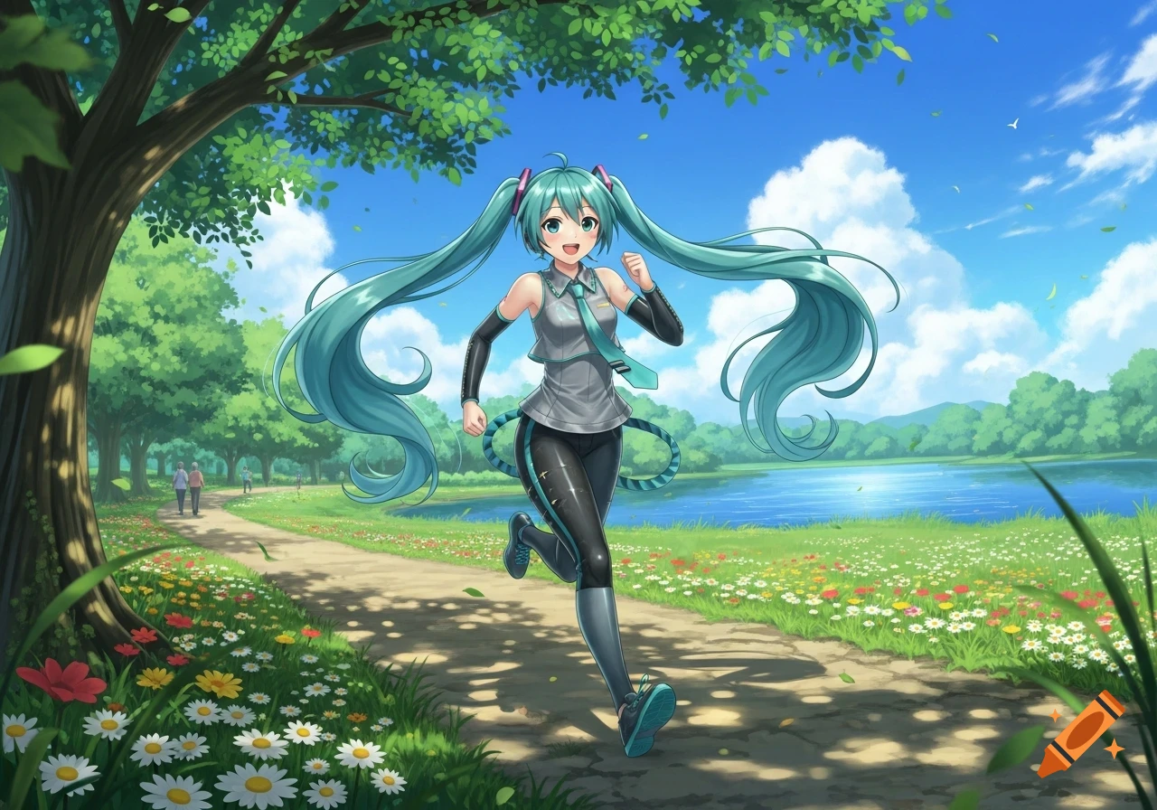 Anime character Hatsune Miku jogs happily on a path in a sunny park filled with trees, flowers, and a lake.