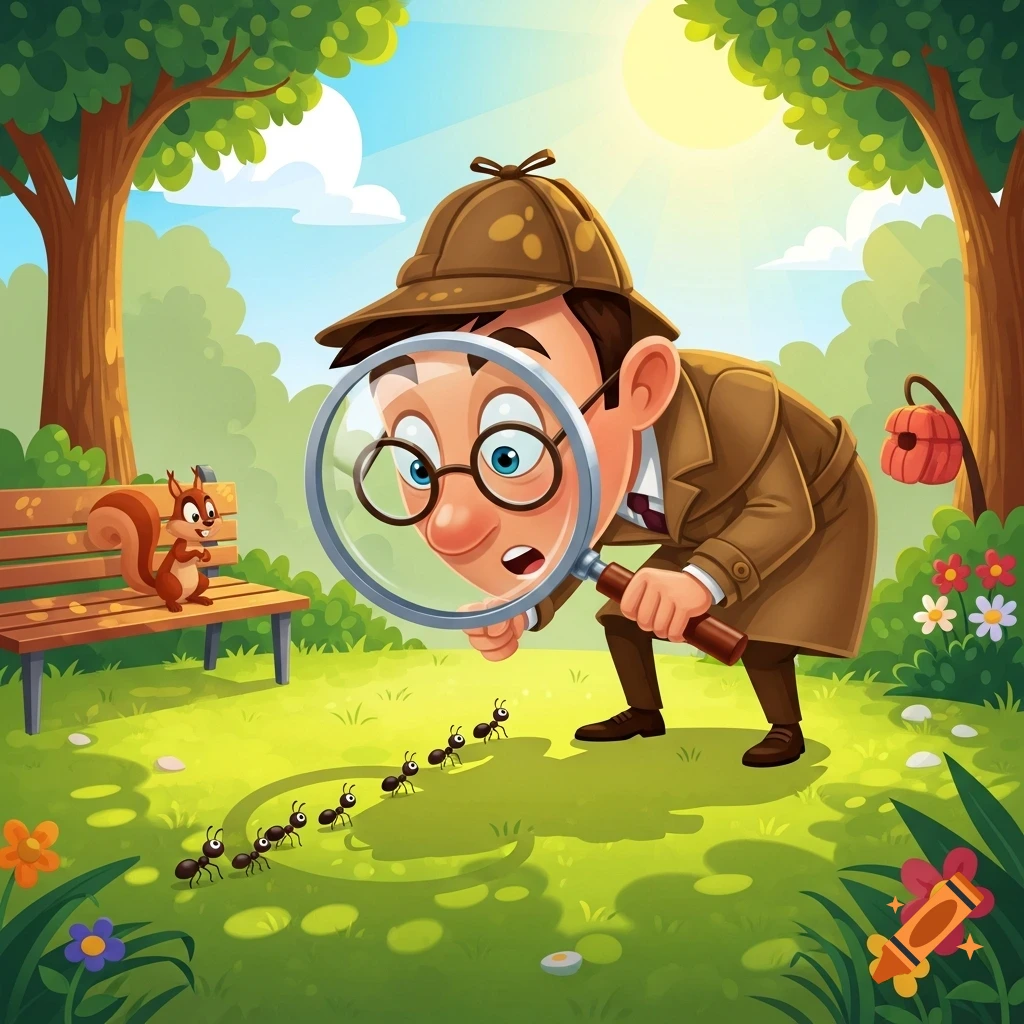A cartoon detective uses a magnifying glass to inspect a line of ants on the grass in a sunny park with a squirrel on a bench.