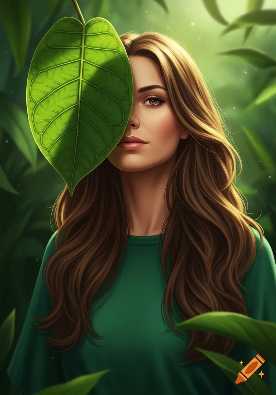Close-up portrait of a woman with long brown hair, partially hidden by a large green leaf, in a lush green jungle.
