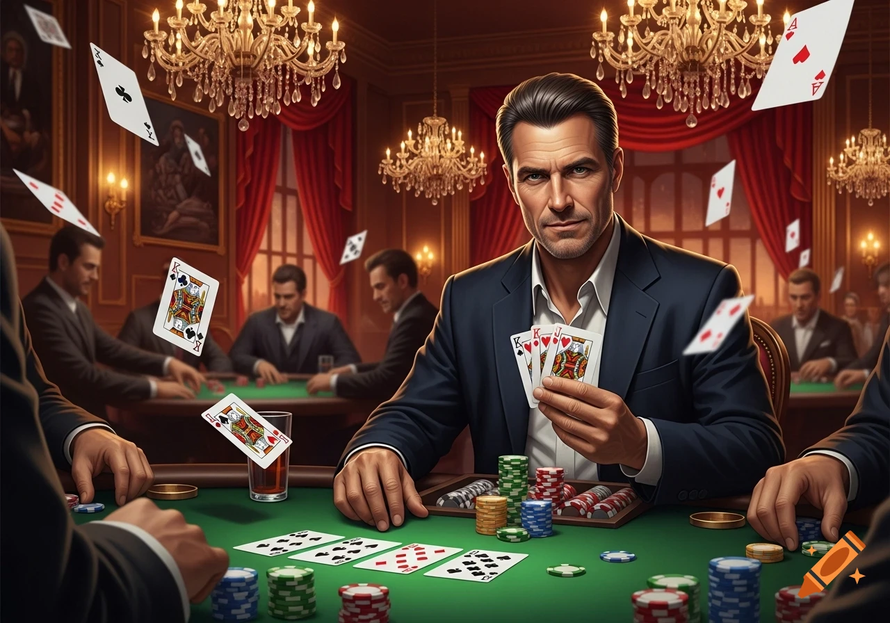 A man in a suit plays poker, holding cards, with chips on a green table in an opulent casino with chandeliers and other players.