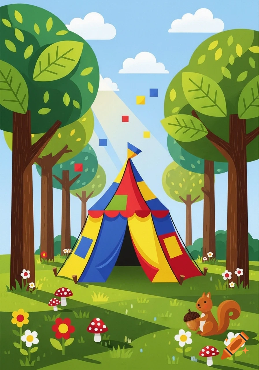 Colorful canopy tent in a vibrant, stylized forest with a squirrel, mushrooms, and flowers.