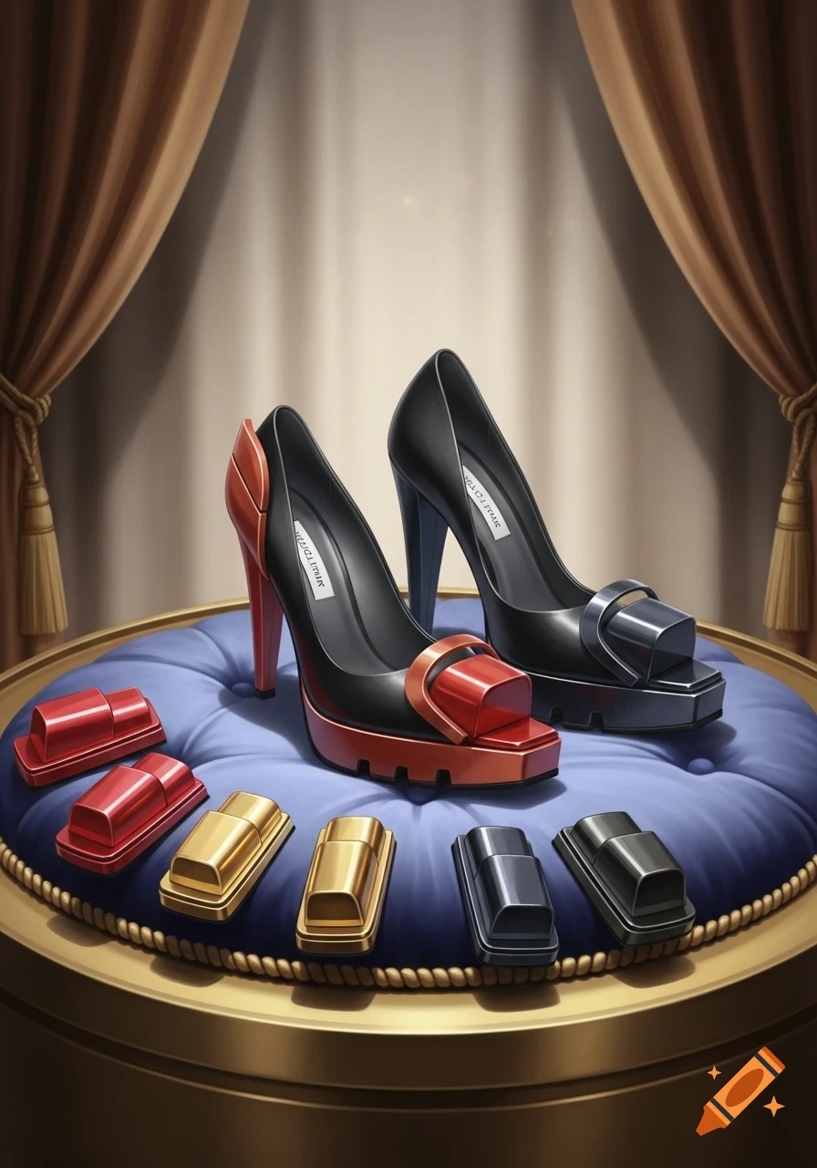 A pair of black high heels with interchangeable red and silver buckle parts on a blue velvet cushion.