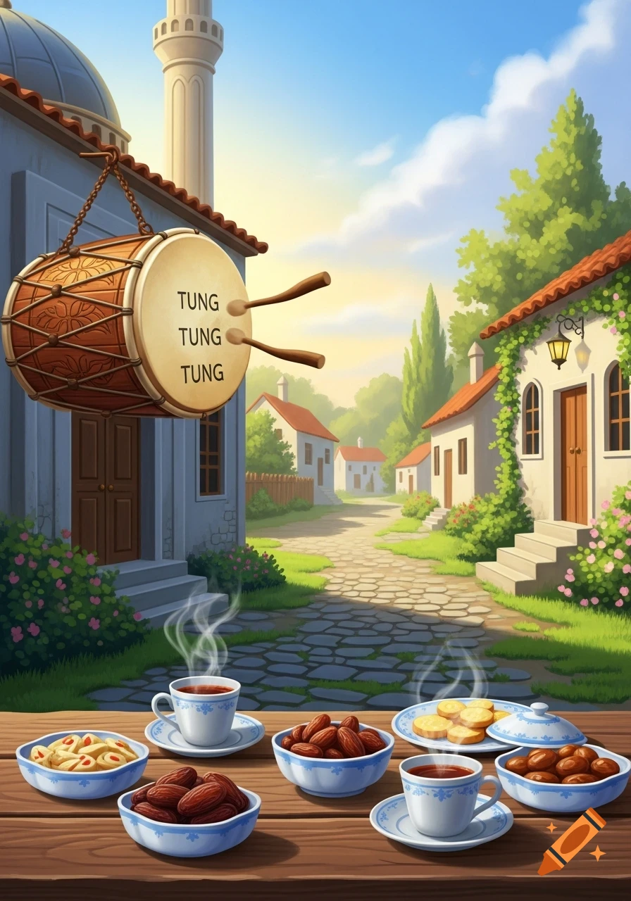 Cartoonish village scene with a drum reading 'TUNG TUNG TUNG' hanging from a building, a mosque minaret, and a table with dates and hot drinks.