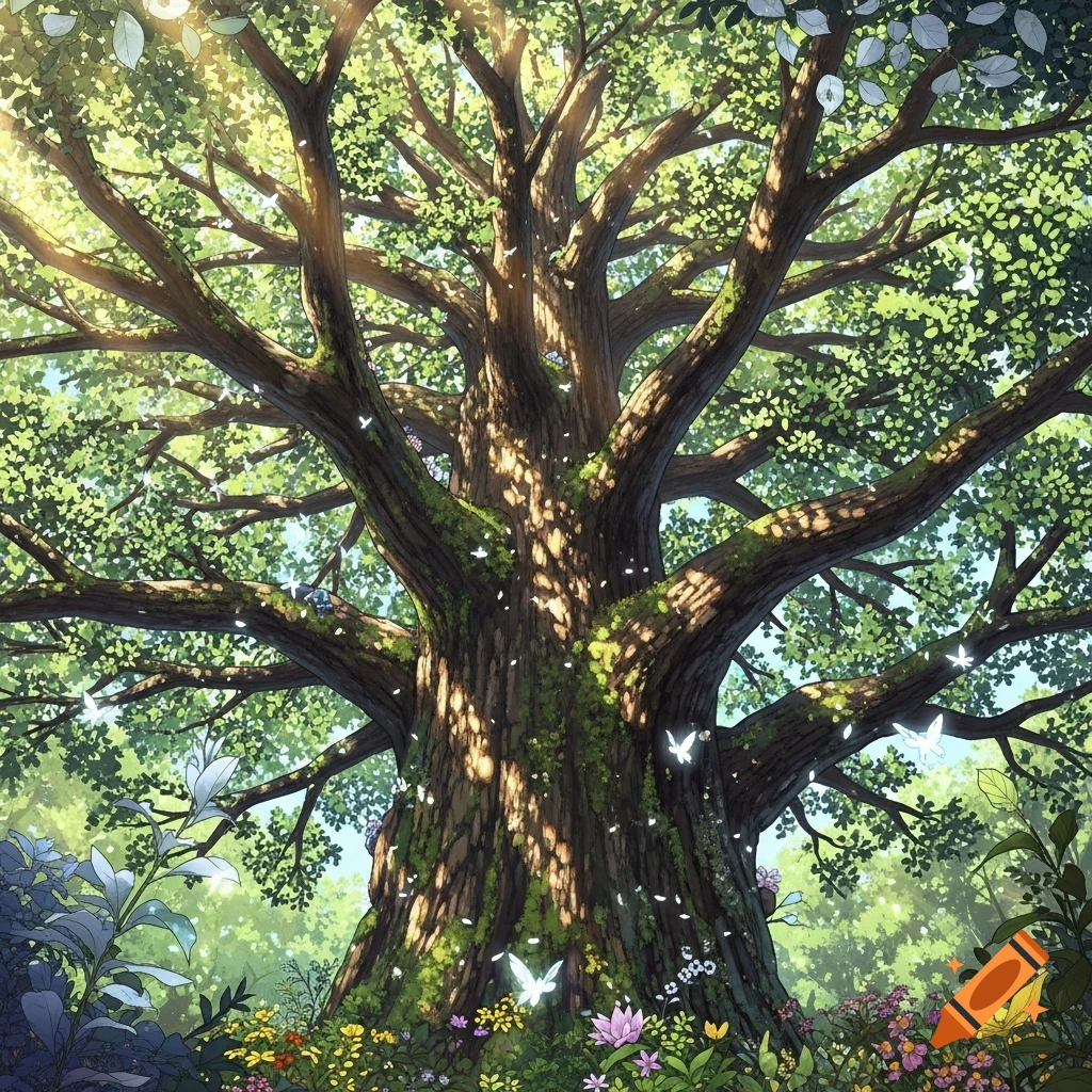 A vibrant anime illustration of a majestic, sunlit oak tree with lush green foliage, white butterflies, and colorful wildflowers at its base.