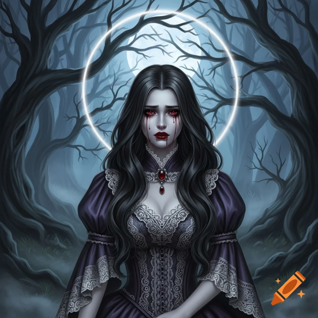 A pale female vampire with long black hair cries tears of blood, wearing a purple gothic dress in a dark, misty forest under a full moon.