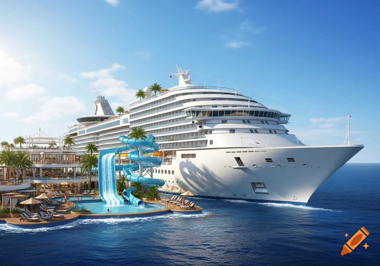 Photorealistic image of a luxury cruise ship with blue water slides and pools sailing on a calm blue ocean under a sunny sky.
