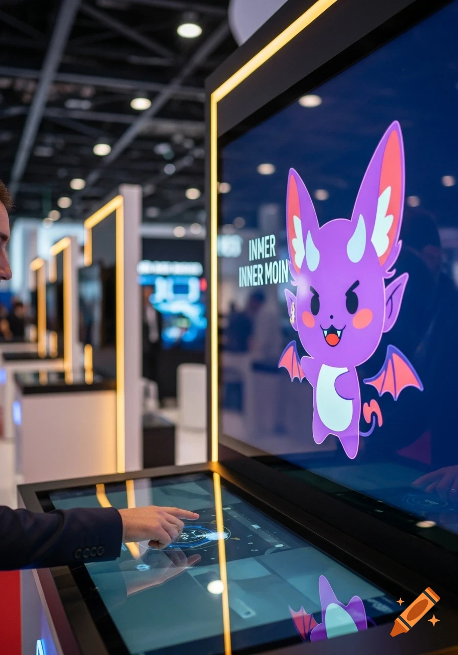 A person interacts with an interactive touchscreen display at an exhibition, showing a cute purple devil-like cartoon character.