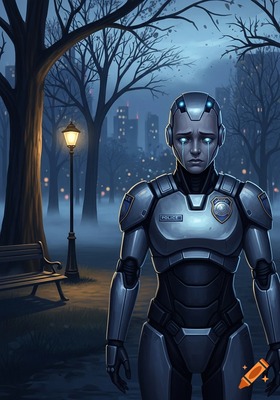 A crying robot police officer stands in a foggy night park with a glowing lamppost and distant city lights, digital illustration.