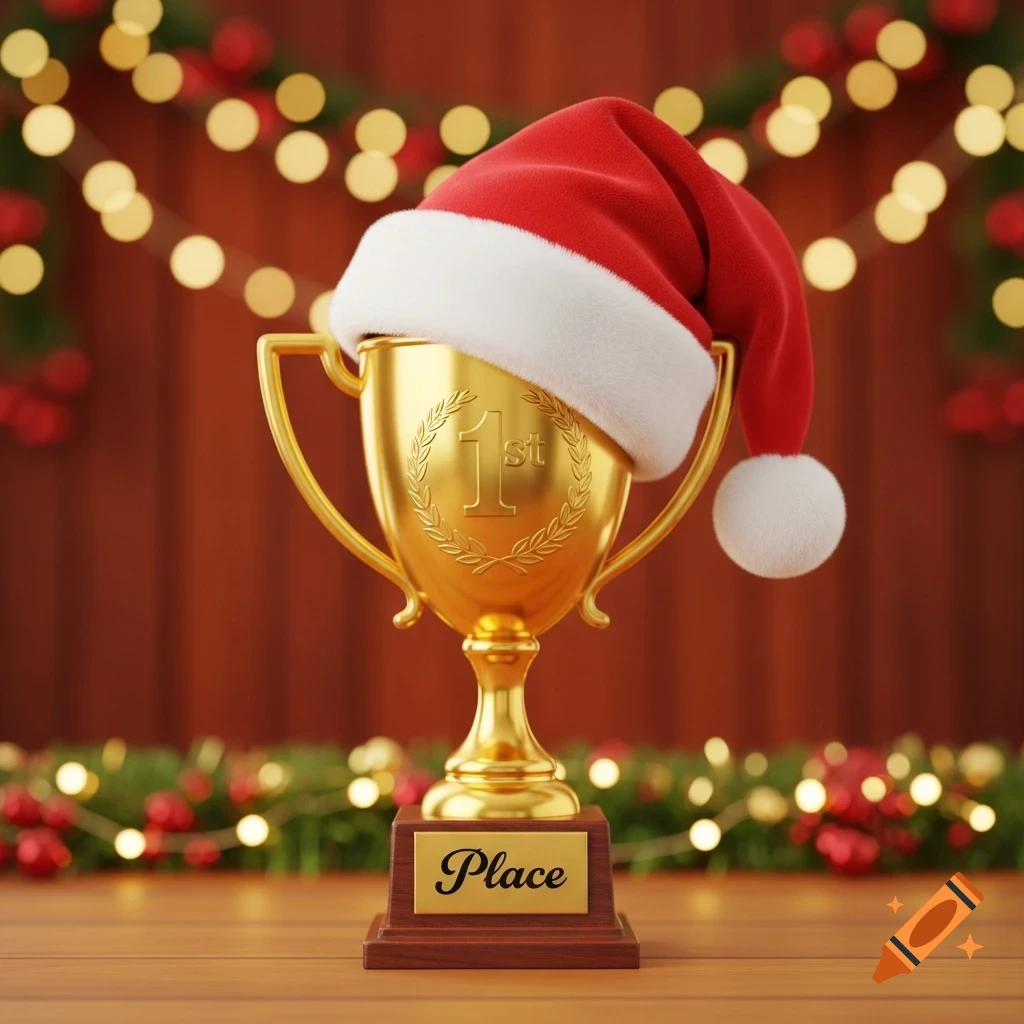 A shiny gold 1st place trophy wearing a red Santa hat, set against a festive Christmas background with lights.