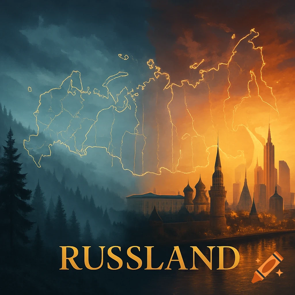Digital art showing a split landscape of misty taiga and urban skyline, with a glowing outline map of Russia and 'RUSSLAND' in gold.