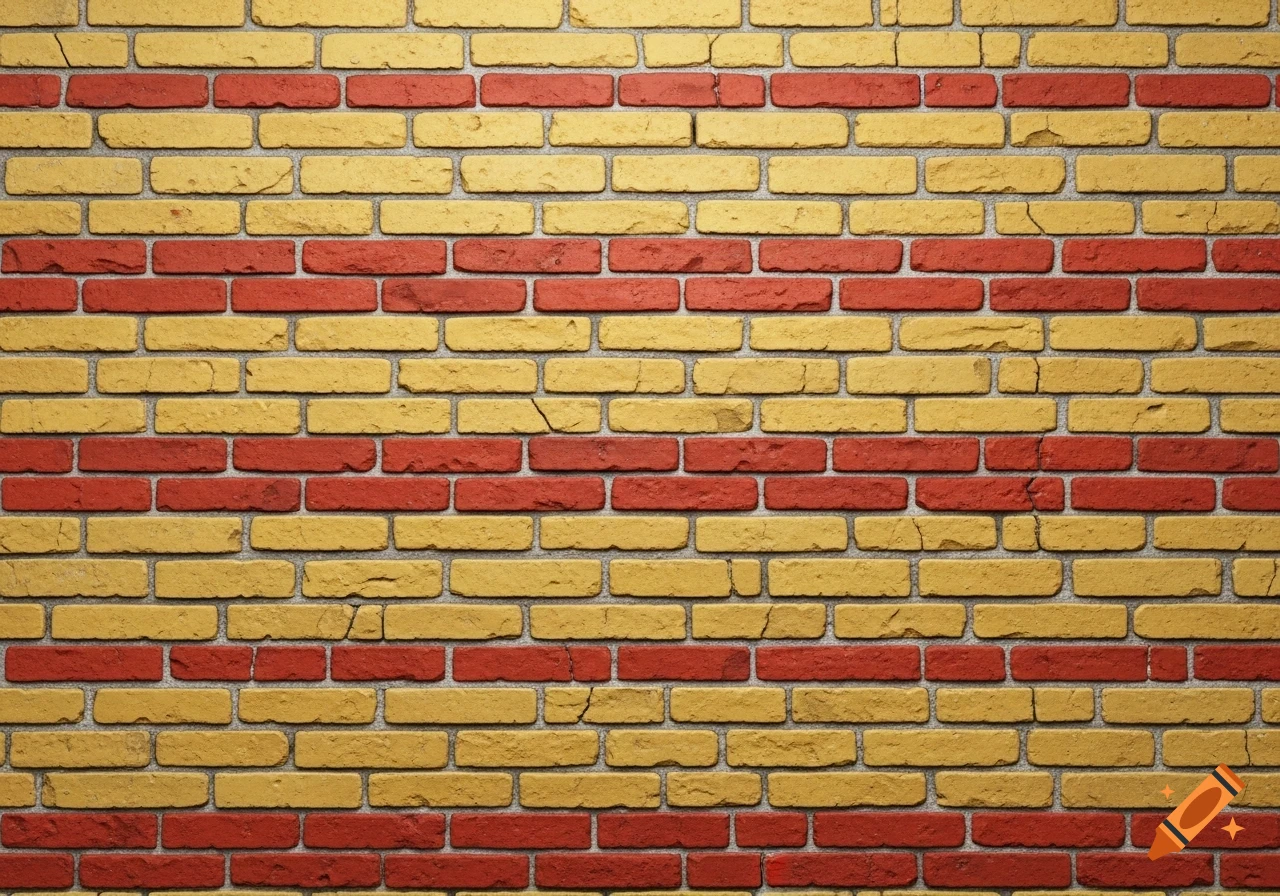 A full frame close-up of a brick wall texture with alternating rows of red and yellow bricks, with gray mortar.