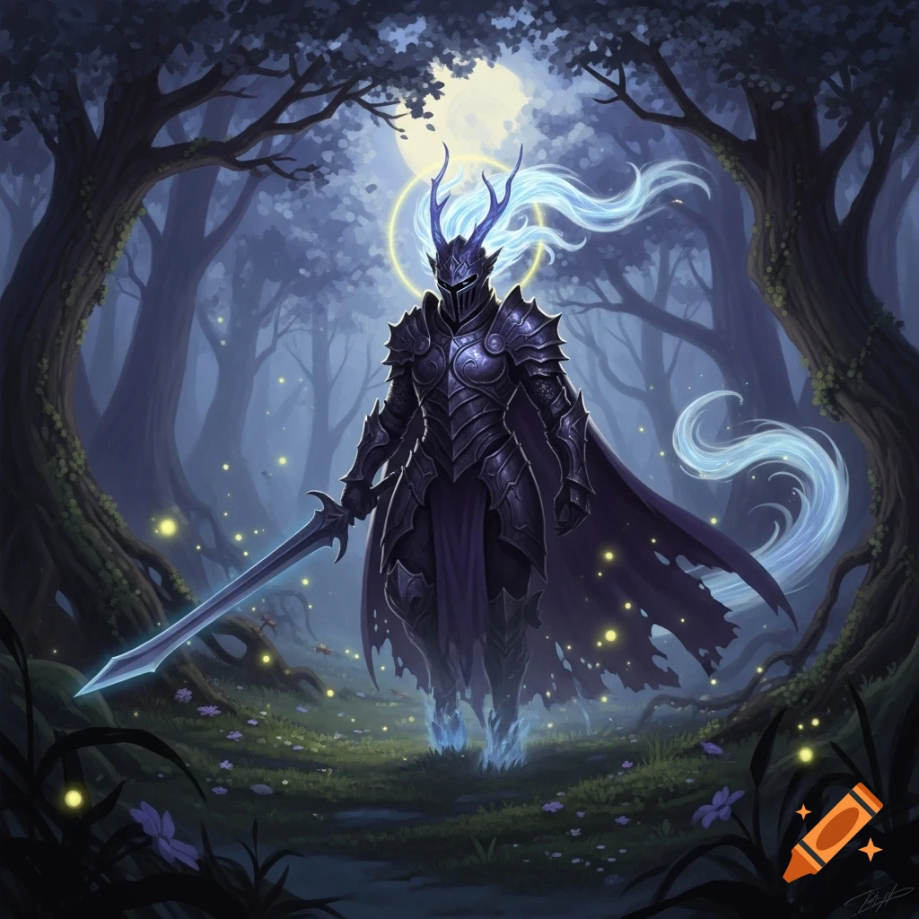 A dark armored knight with glowing blue hair and a halo stands in a ...