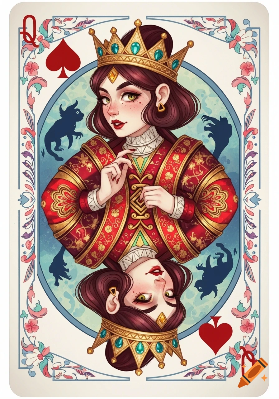 A stylized Queen of Spades playing card with a regal woman, intricate red and gold attire, a crown, and mystical creatures in the background.