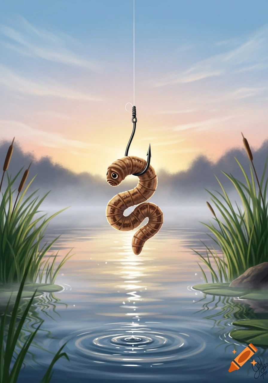 A sad, cartoonish worm dangles on a fishing hook over a serene lake at sunrise, with reeds along the banks, in an illustrative style.