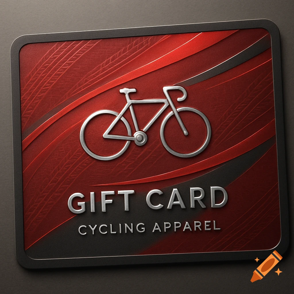 A red and black gift card with a silver bicycle icon and the text 'GIFT CARD CYCLING APPAREL' in silver.