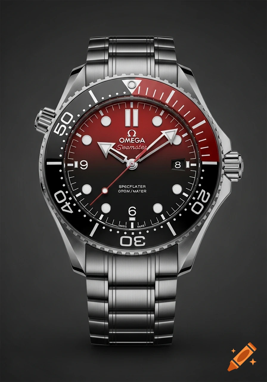 A close-up, high-angle shot of a silver dive watch with a black and red gradient dial and a black bezel, on a dark gray background.
