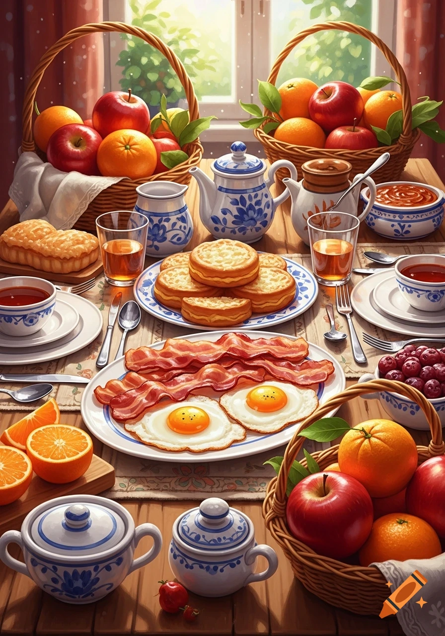 A vibrant, illustrative close-up of a large breakfast table spread with bacon, fried eggs, pancakes, fruits, tea, and juice.