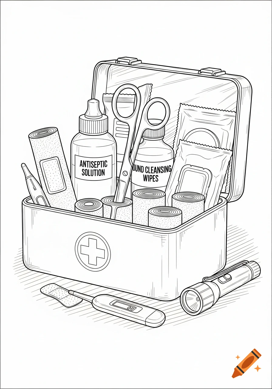 A black and white line art illustration of an open first aid kit filled with medical supplies, a thermometer, and a flashlight.