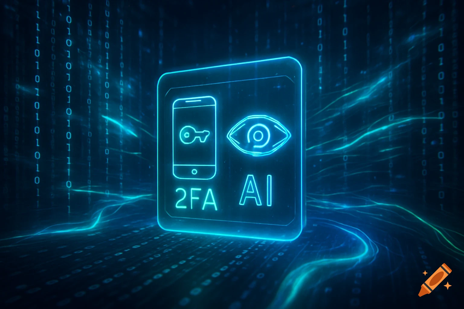 A glowing blue digital icon displays '2FA' with a phone and key, and 'AI' with an eye, against a binary code background.