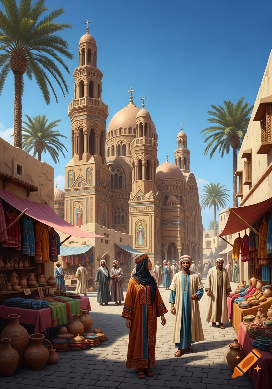 Vibrant marketplace scene with people in traditional attire, stalls selling goods, and a grand Coptic church under a blue sky.
