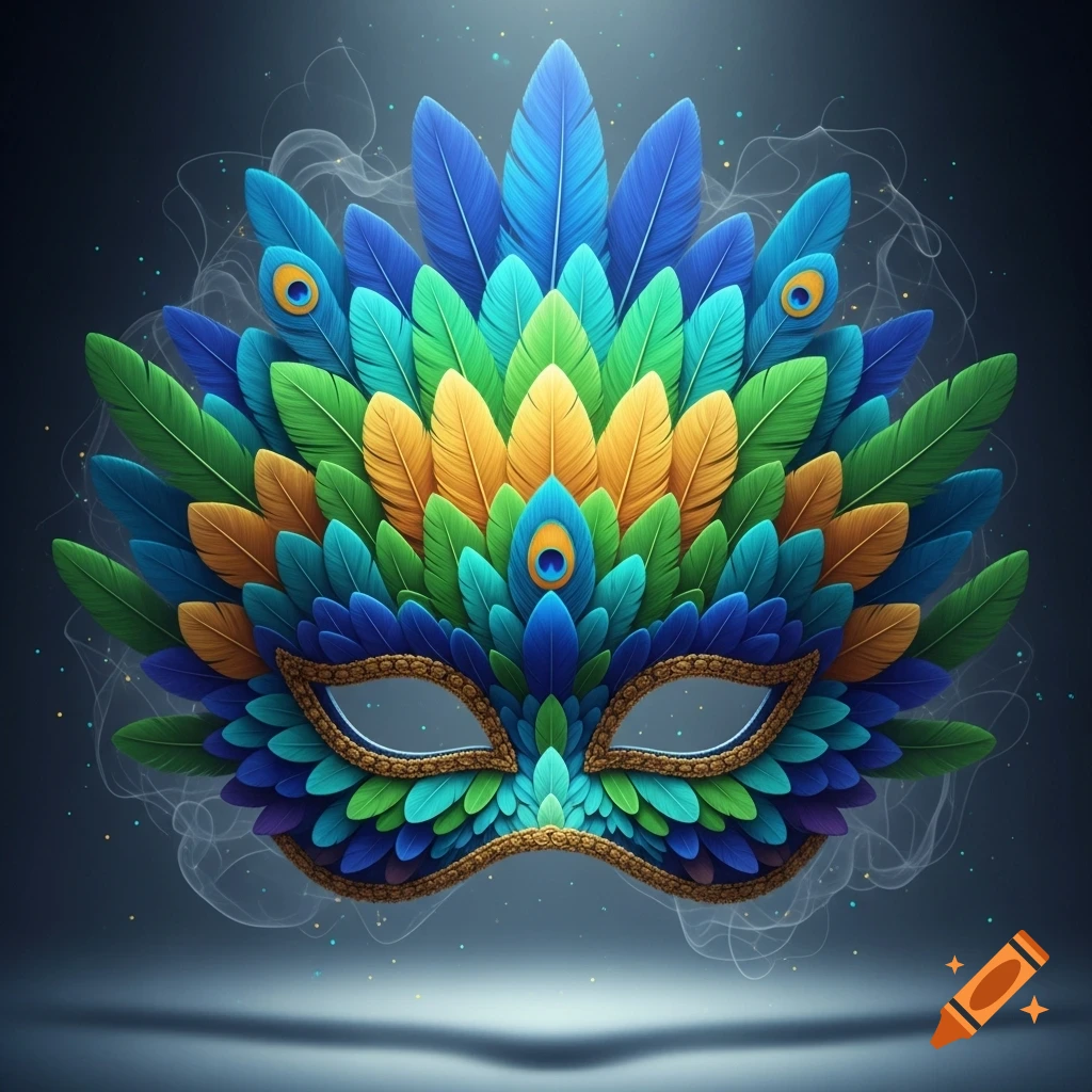 Vibrant carnival mask adorned with layers of blue, green, and yellow feathers and gold trim.