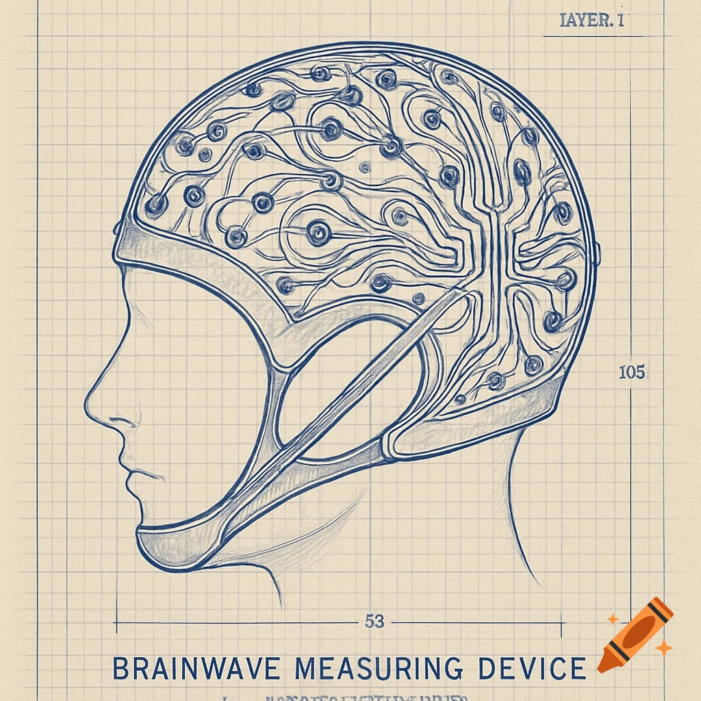 A blueprint sketch on grid paper shows the side profile of a human head wearing an elaborate brainwave measuring device with circuits visible inside.