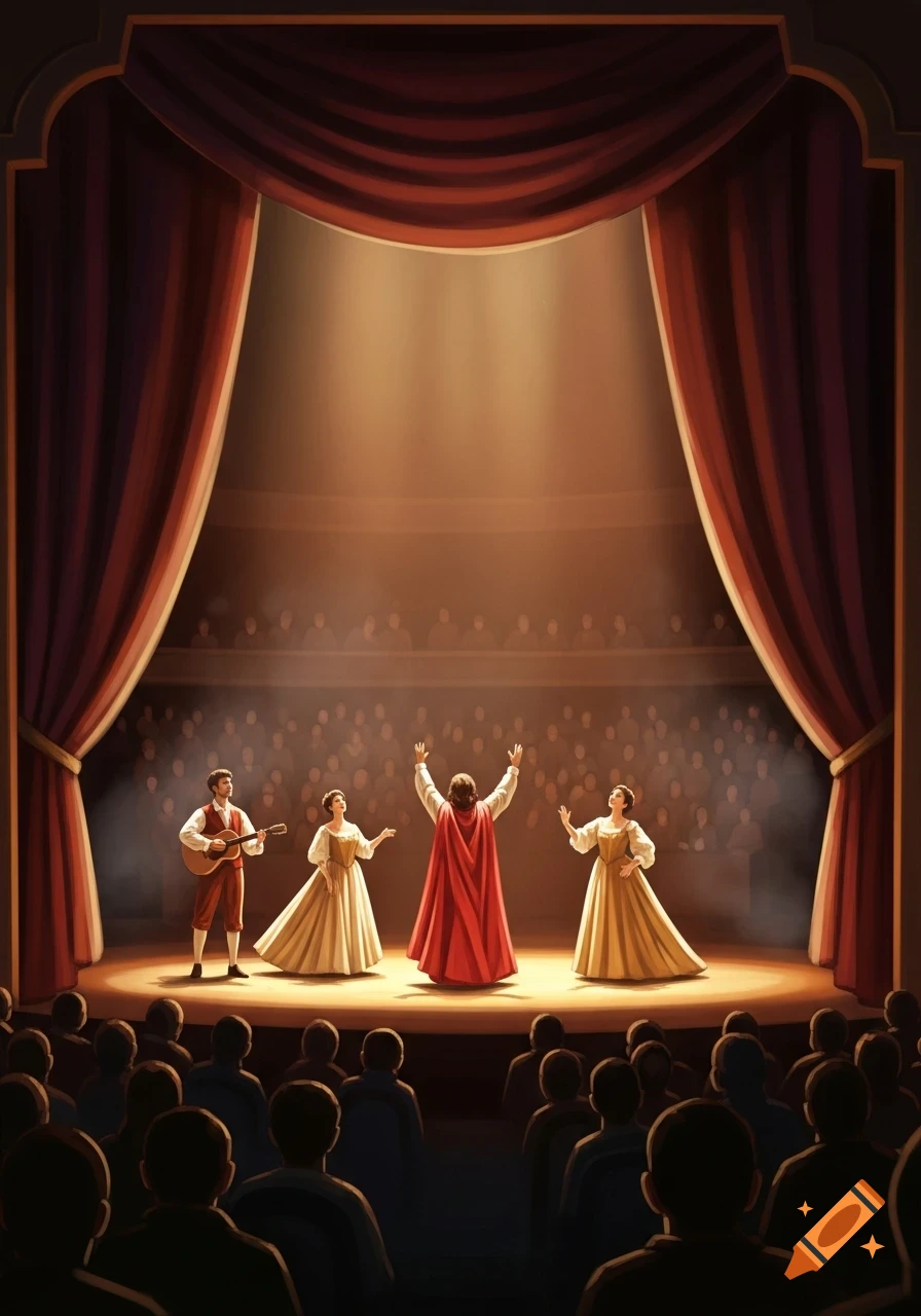 Four performers, one playing guitar, on a brightly lit theatre stage with red curtains and a blurred audience, bathed in warm light.