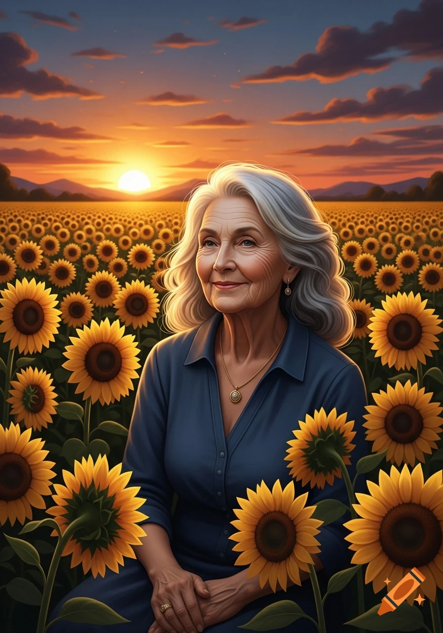 A beautiful elderly woman with grey hair sits in a field of sunflowers, smiling gently during sunset. Photorealistic.